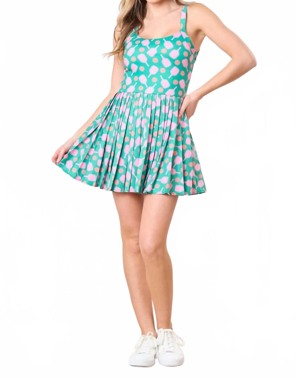 NEW PEACH LOVE pickleball pleated romper dress in green multi